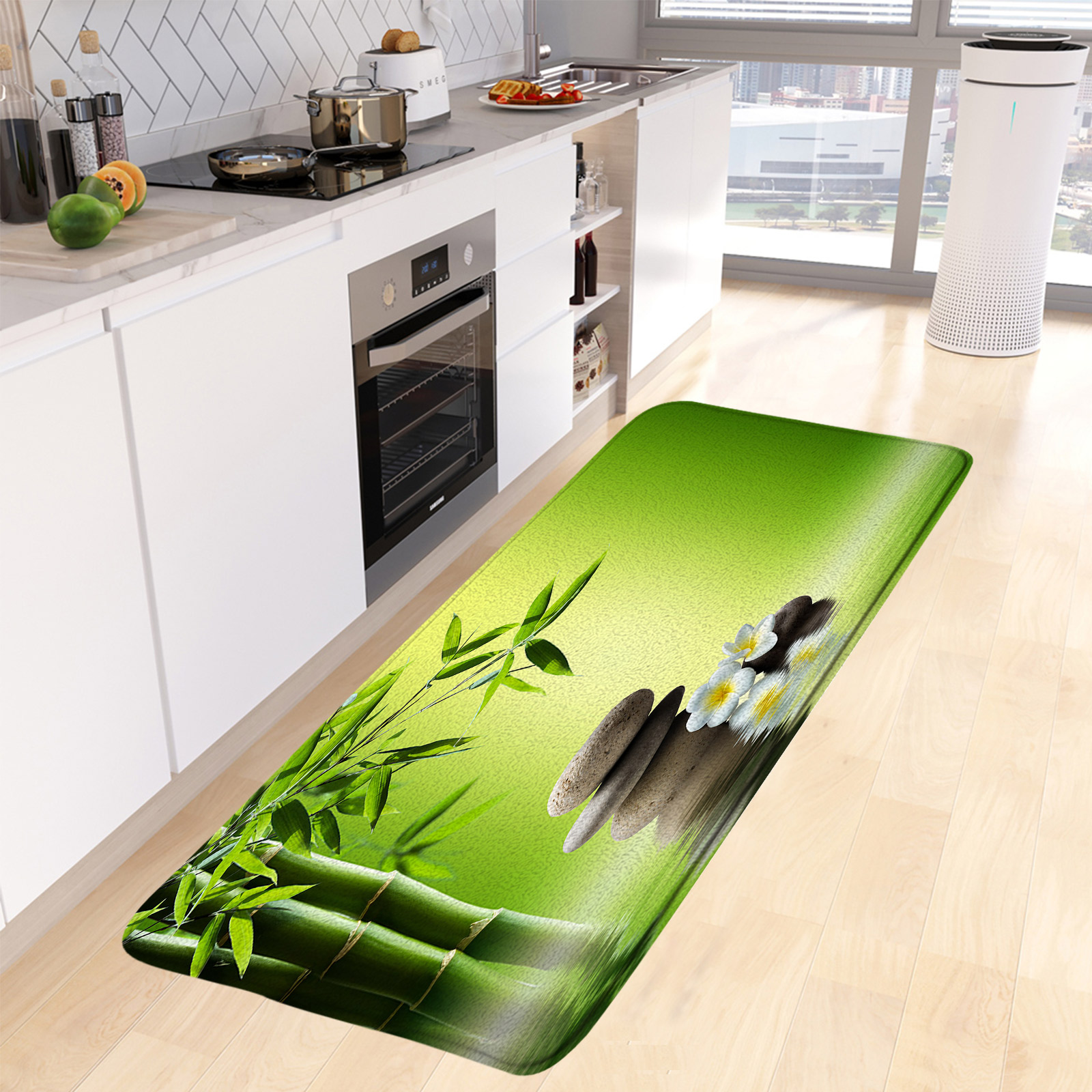 Zen Green Bamboo Kitchen Mat Black Stone Flower Spa Modernt naturligt landskap sovrum Lång mattor Heminredning Non-Slip Rug Bath Mats