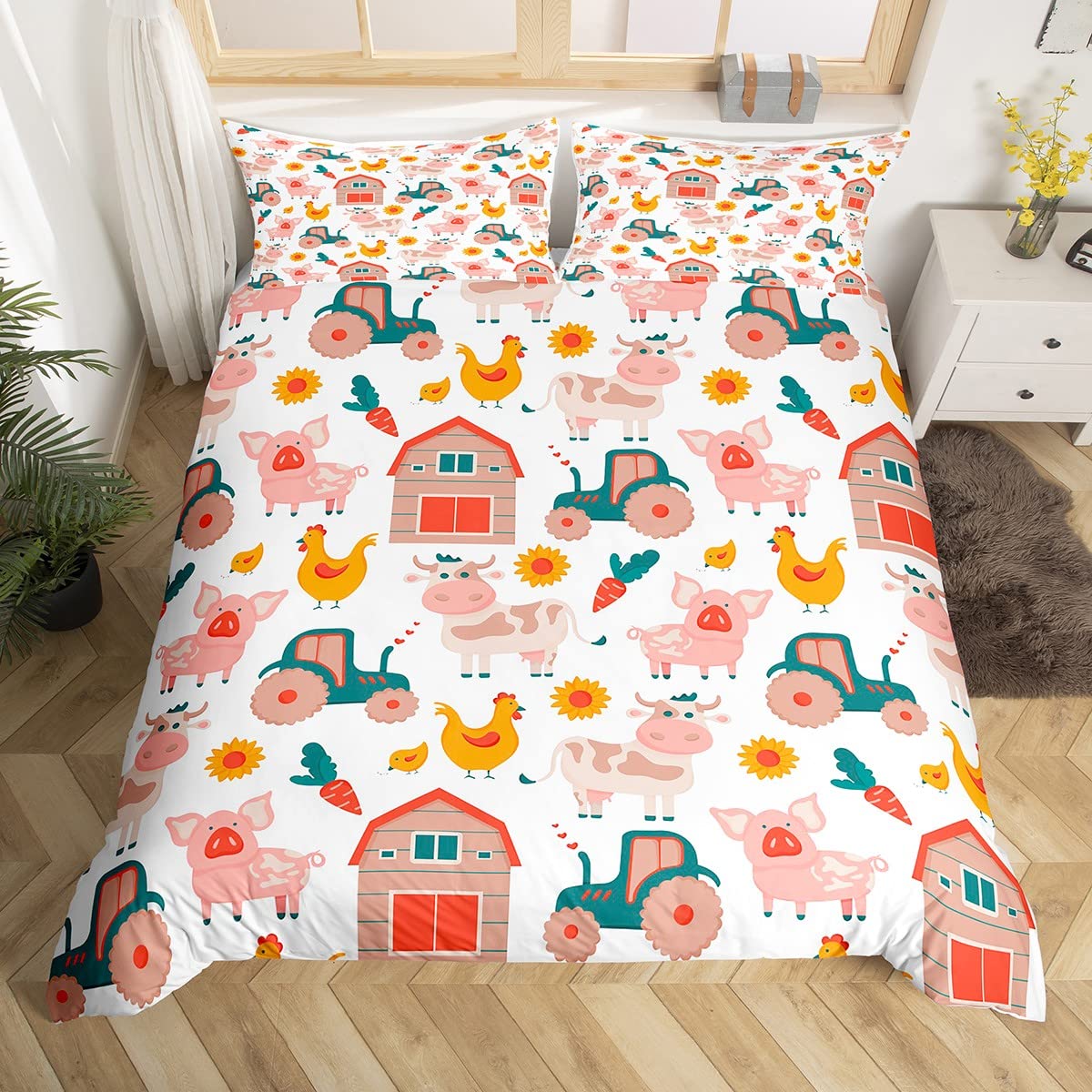 Farm Animals King Queen Duvet Cover Rooster Sheep Pig Cow Bedding Set Farmhouse Country Comforter Cover Polyester Quilt Cover