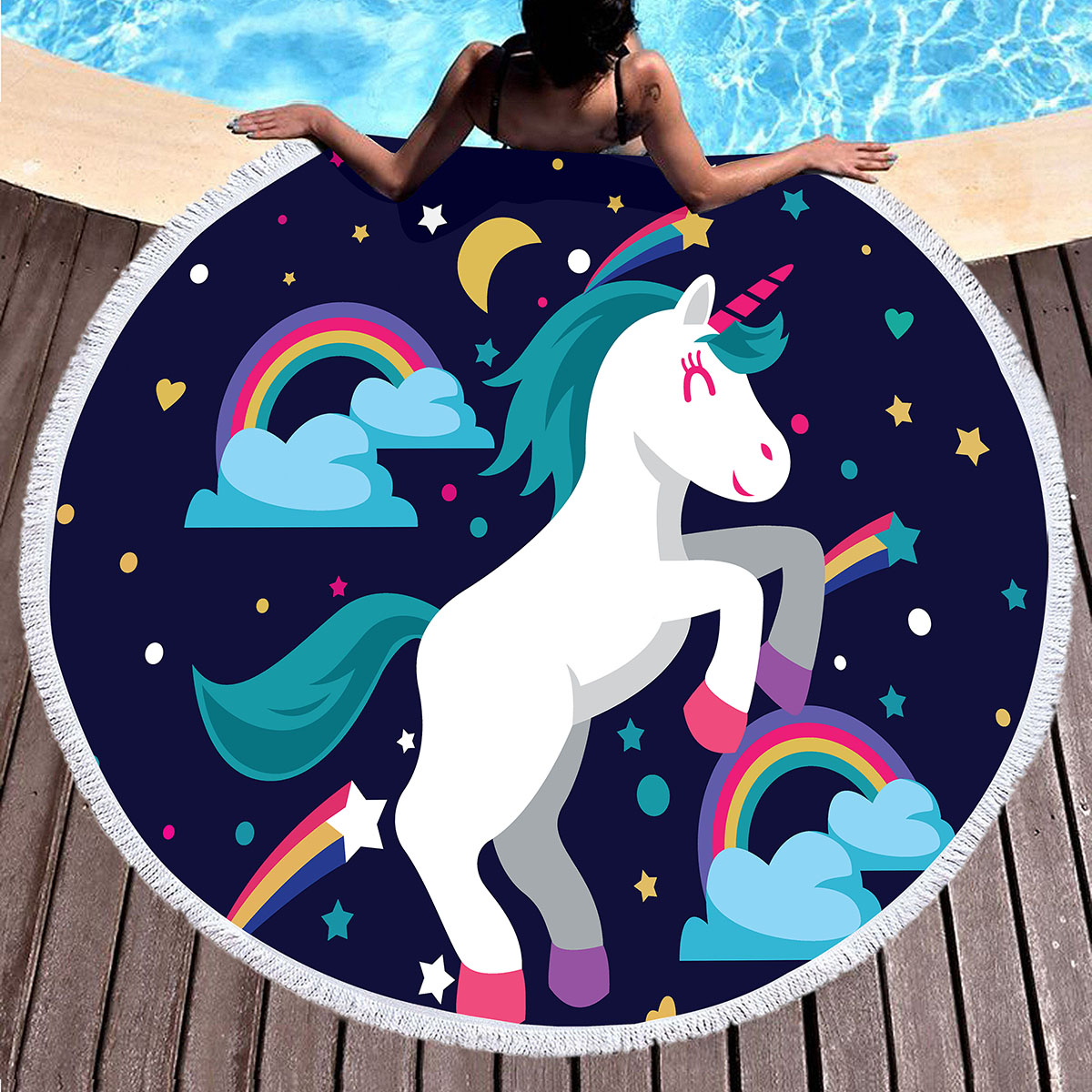 Asciugamano di spiaggia di unicorno rotondo, asciugamano spiaggia unicorno anime in microfibra, asciugamano da bagno a sabbia asciutta rapida assorbente asciugamano da bagno