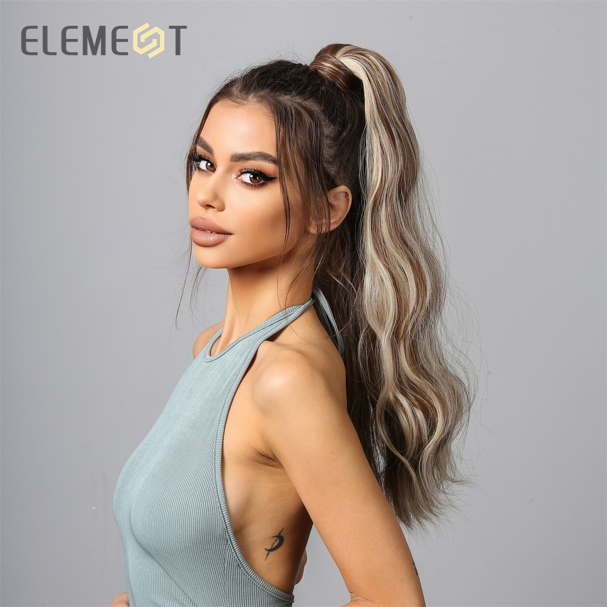 Element synthetische Perücken Pferdeschwanzverlängerungen langes Wellenpony Schwanz Haarstück Ombre gemischte braune blonde Perücke für Frauen natürlich