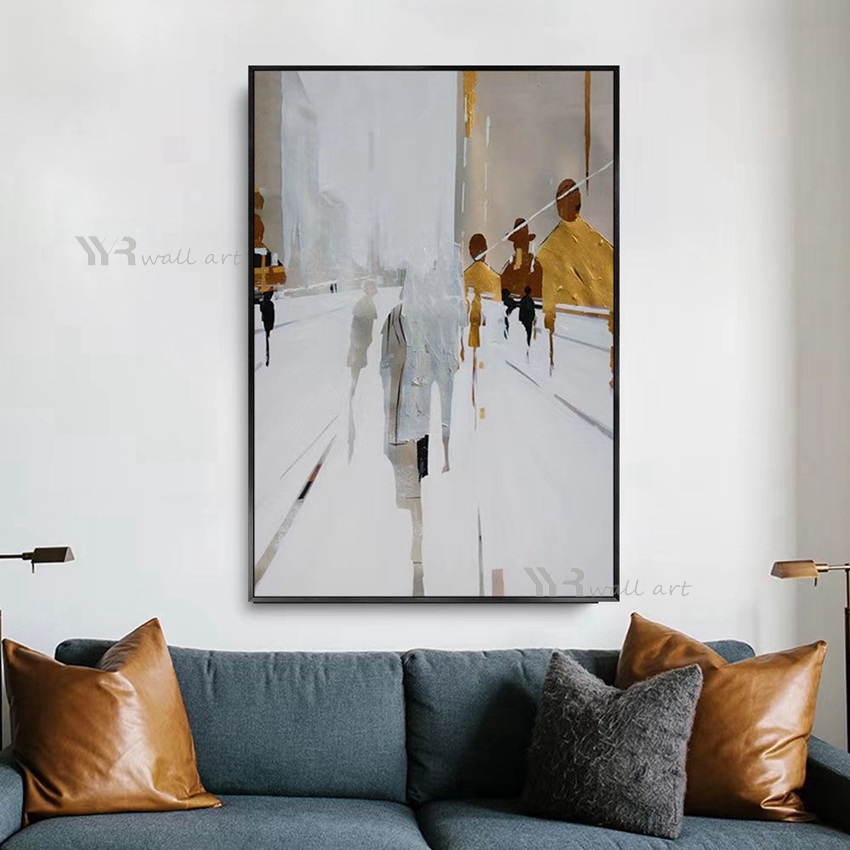 Hand Drawn Oil Painting Abstract Gold Foil Character Wall Art Poster Modern Street View Canvas Picture Living Room Bedroom Porch