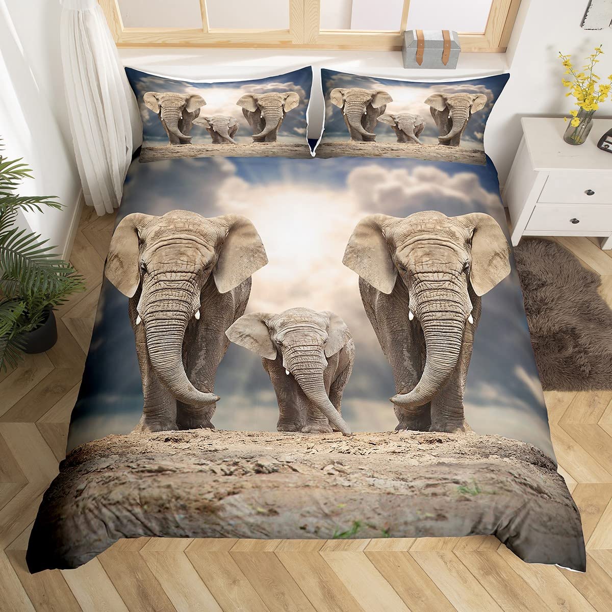 3D Elephant Duvet Cover Set Queen Size African Safari Animal Comforter Set Wildlife Bedding Set Retro Wall Decor Bedspread Cover