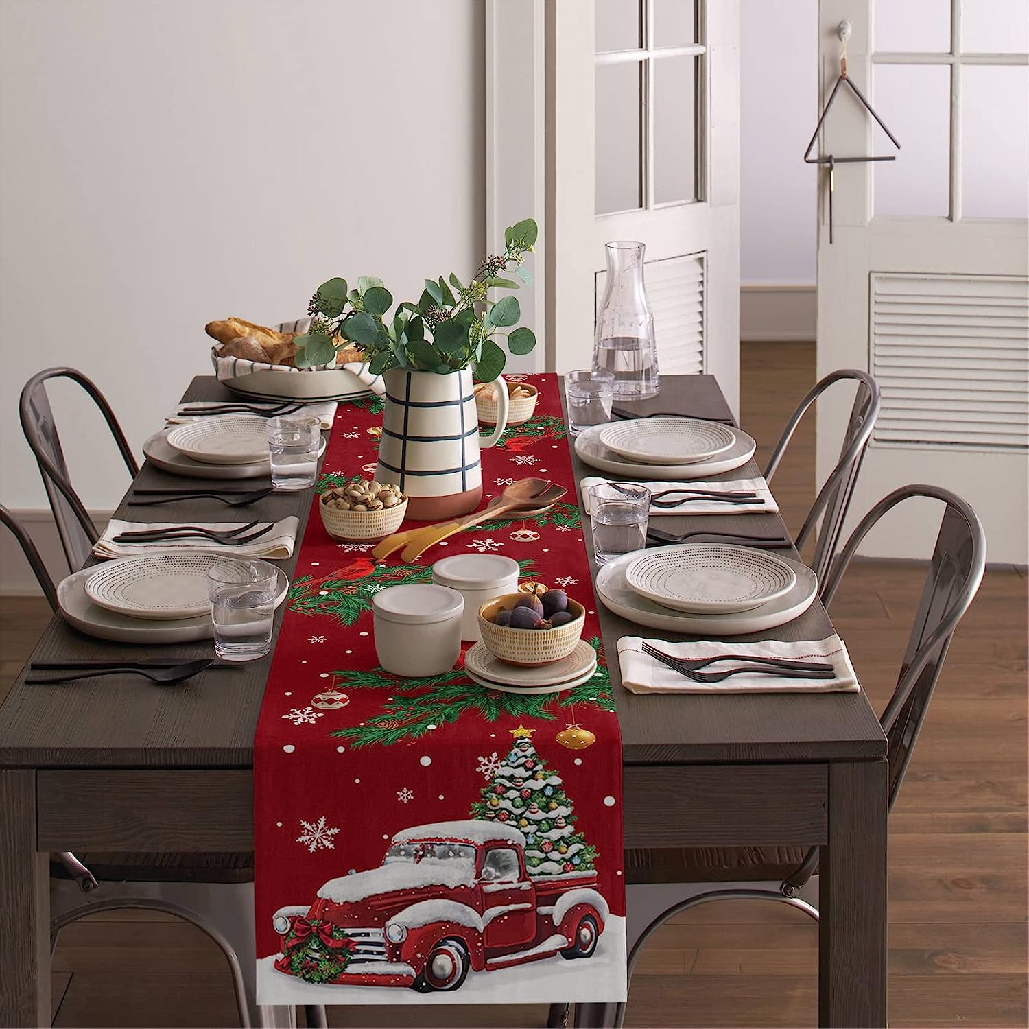 Christmas Red Truck Cedar Linen Table Runners Holiday Party Decor Reusable Table Runners for Dining Table Navidad Decorations