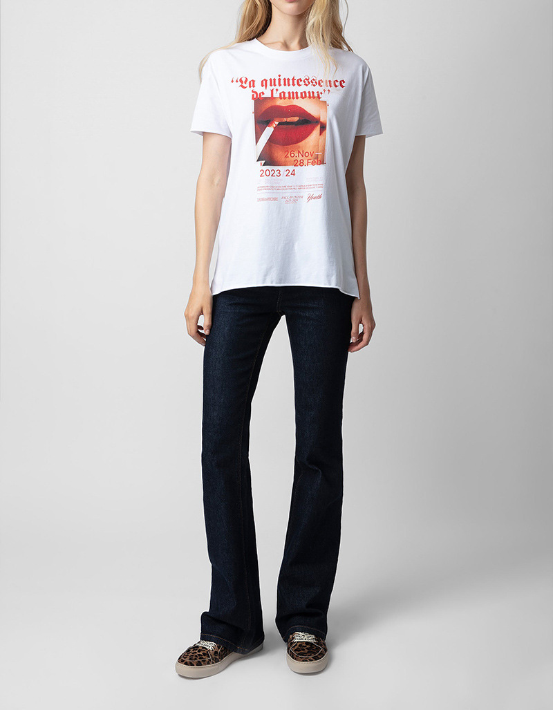 Zadig Voltaire 2024 Summer Women Flame Lips Red Smoke 3D Digital Printed T-Shirt Pure Cotton Women White Reck Rece Shirt Shirt Served Tops Tops Tops