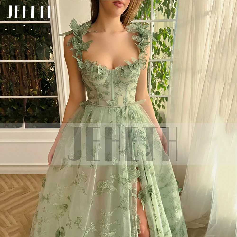 アーバンセクシーなドレスJeheth Green Butterfly Tulle Prom Dress Spaghetti Straps Side Split Sweetheart Backless a Line Invinder Graduation Party Gown 24410