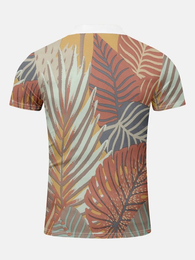 ハワイアンシリーズ植物葉の要素ラペル3Dプリントポロジッパー半袖シャツ