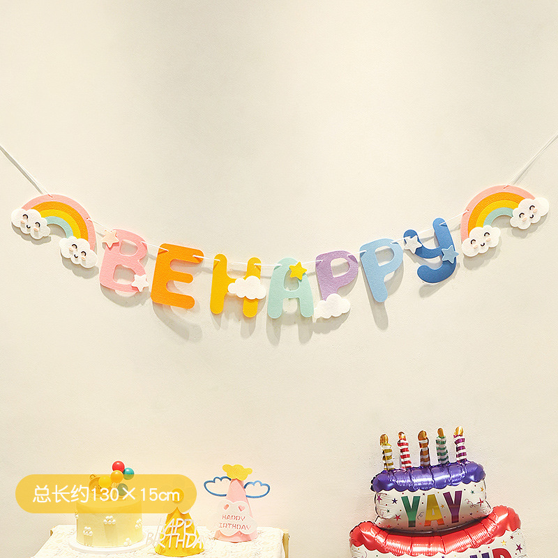 Girl's 1st Birthday Happy Party Banner Rainbow Clouds "Happy Birthday" "Be Happy" Banner Fabric Birthday Hanging Banner Garland