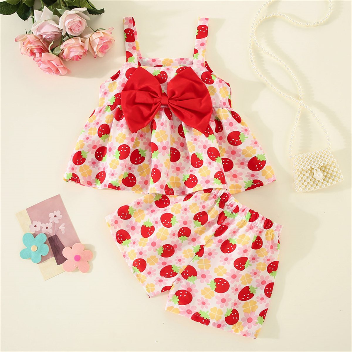 2 stuks2023 Zomer Kinderslijtage Nieuwe bloem Strawberry Print Bow Decoratieve riem Top+Shorts Koreaanse set