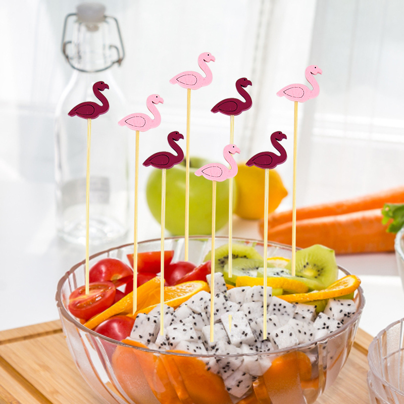 100st Hawaiian Tropical Toothpick Flamingo Palm Leaf Bamboo Pick Dessert Stick Cocktail Fruit Fork For Summer Beach Party Decor