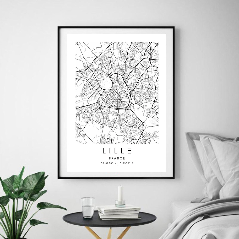 Lille City Map Nordic Affischer Hometown Street Prints Map Canvas Målning Anpassad Frankrike Map Wall Art Poster Minimalist Heminredning