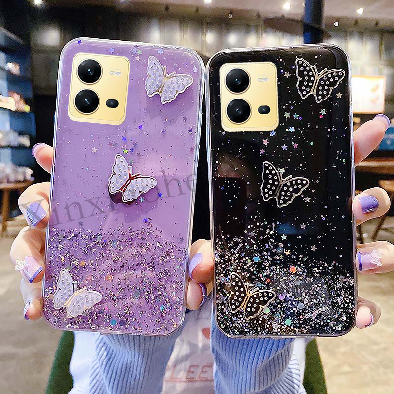 Ready Stock Phone Case for Vivo X80 lite 5g V25 VivoV25 Pro 5G V25e Luxury Starry Sky Butterflies Transparent Soft Back Cover