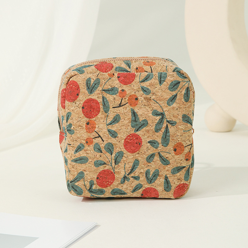 Cosmetic Bags Women Cork Leather Fruit Fish Printing Square Solid Large Capacity Makeup Bag Mix Color