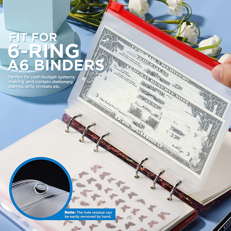 A6 Binder Pockets 6-Ring A6 Zipper Pouch For Budget Binder, Waterproof Plastic Envelope Folders Pouch Bags