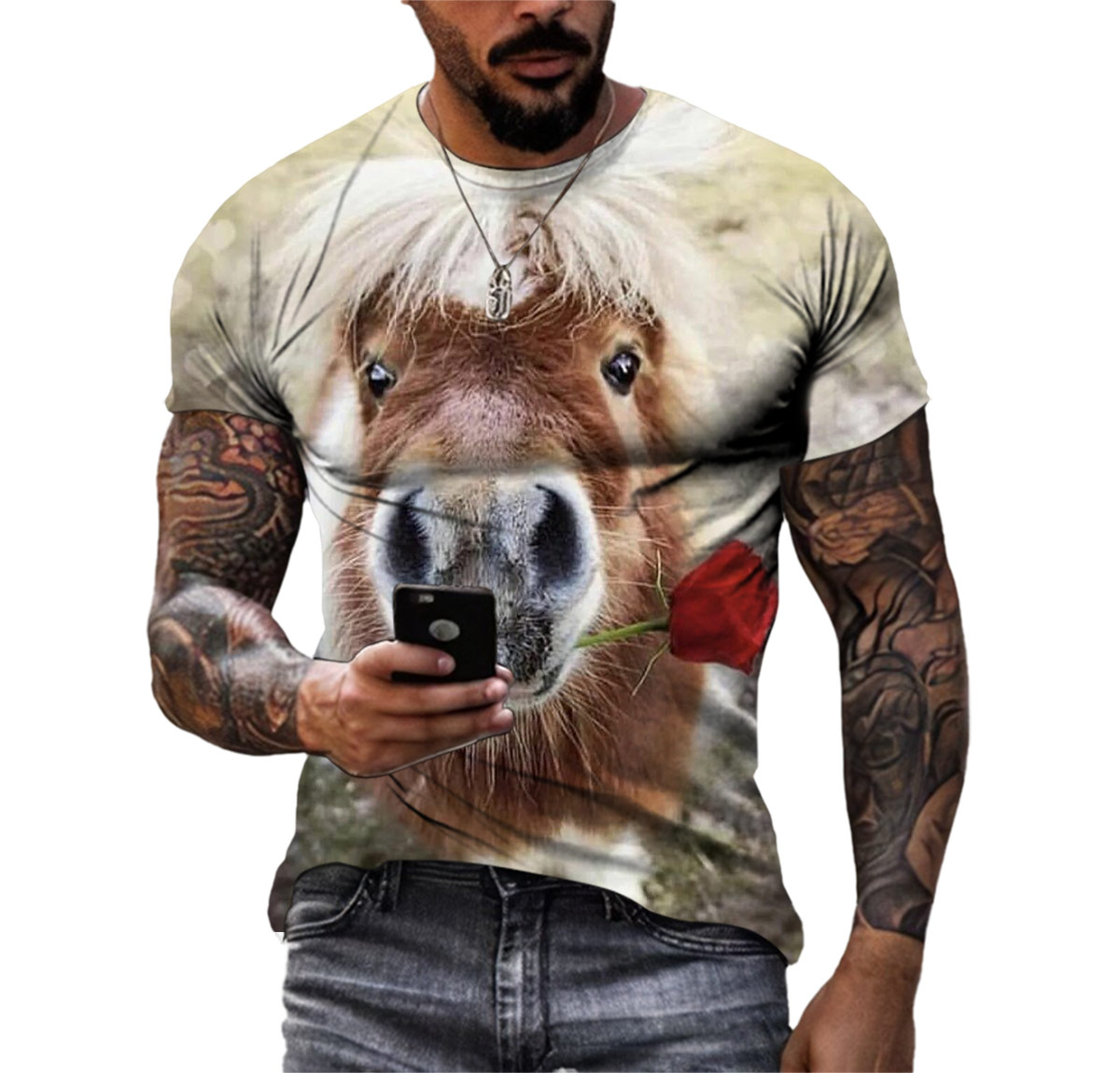 New Personality Funny Horse Summer Men's Hd 3d Printed T-shirt Crew Neck Short Sleeve Wide Comfortable Quick Drying Top Clothing