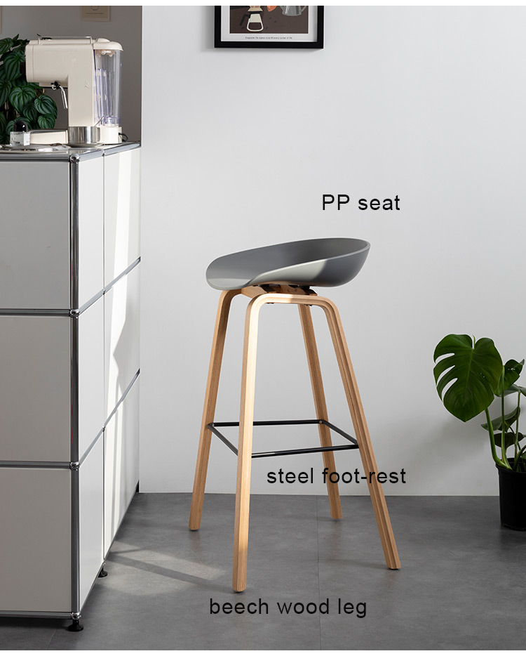 Nordic Bar Stool Counter Kitchen Stool PP Seat Beech Wood Legs Barstool Footrest for Cafe Pub LDining Room Restaurant