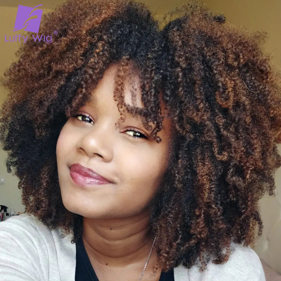 Ombre Colore Afro Kinky Curly Human Hair Wigs with Bangs Full Machine Made Smvep Top Wig Remy Brésilien Remy Hair for Black Women