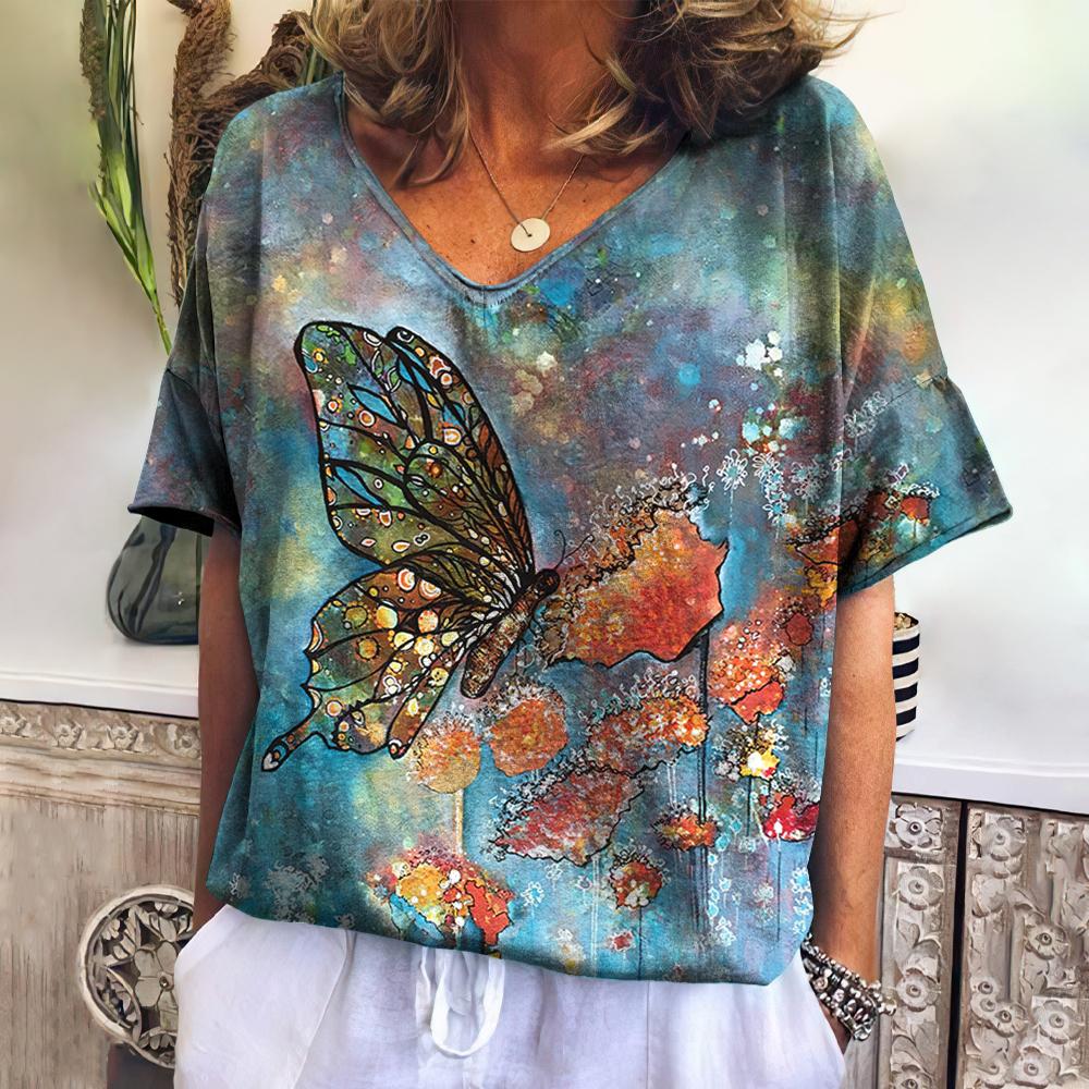 Women's T-shirt Summer V-neck Butterfly Tees Printing New Charming Tops Large Size Comfortable Pullover Ladies Loose Home Shirt