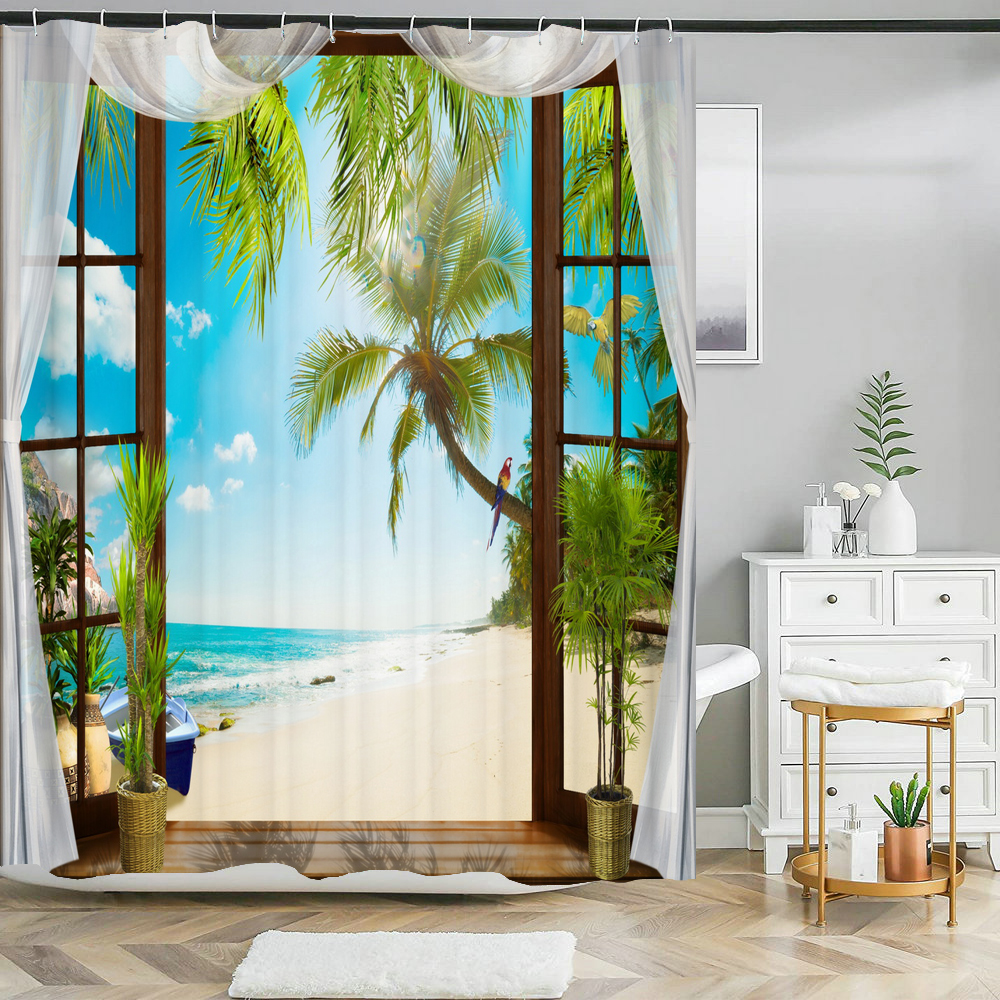 Sjön Sea Beach Sunset Dusk Coconut Tree Duschgardiner Badrumsgardin Frab Waterproof Polyester Bath Curtain med krokar