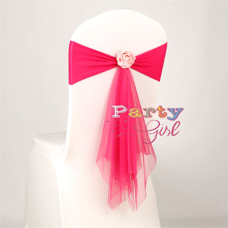 Lycra -stoelband met Organza Sash Ball Flower For Wedding Chair Cover Event Party Hotel Decoratie