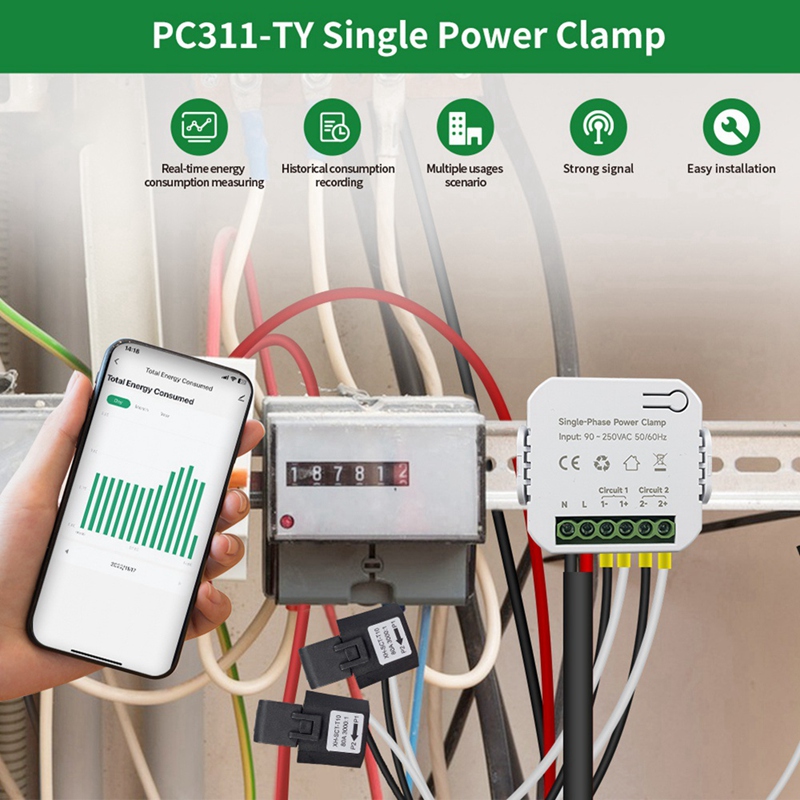 Tuya Smart Life WiFi Energy Meter 1/2 CTクランプアプリKWH電源コンサンプモニター電気統計90-250VAC 50/60Hz