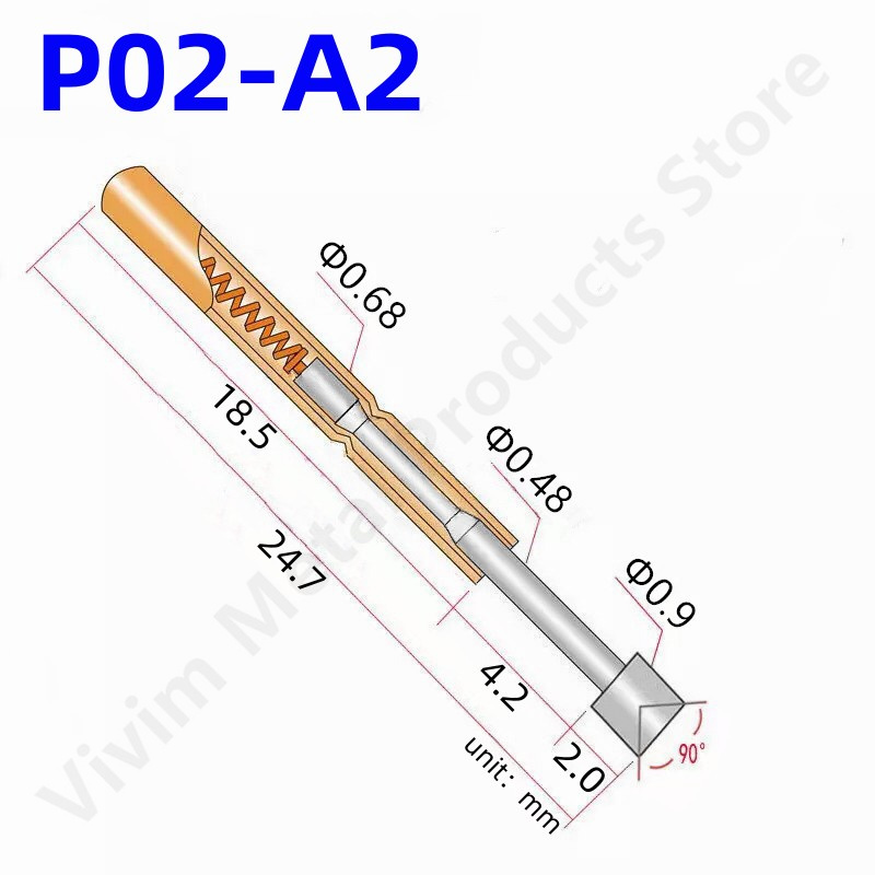 100st P02-A2 fjäderteststift P02-Testsond Koppar Pogo Pin Metal Test Nål Testverktyg Lengt 24,7 mm dia 0,68 mm 0,90 mm 0,48 mm