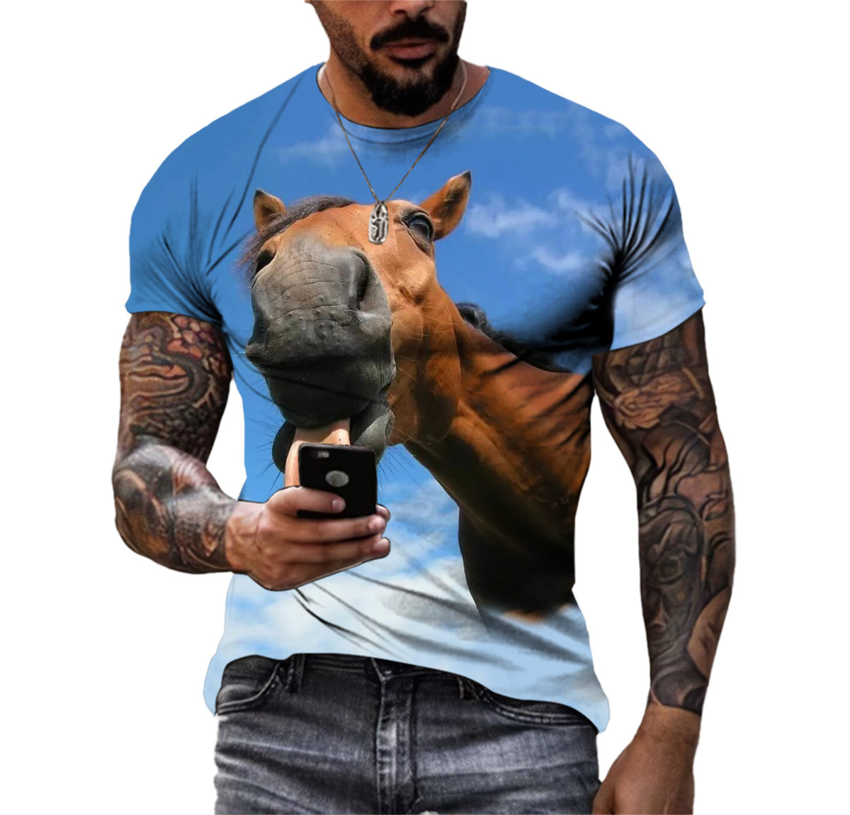 New Personality Funny Horse Summer Men's Hd 3d Printed T-shirt Crew Neck Short Sleeve Wide Comfortable Quick Drying Top Clothing