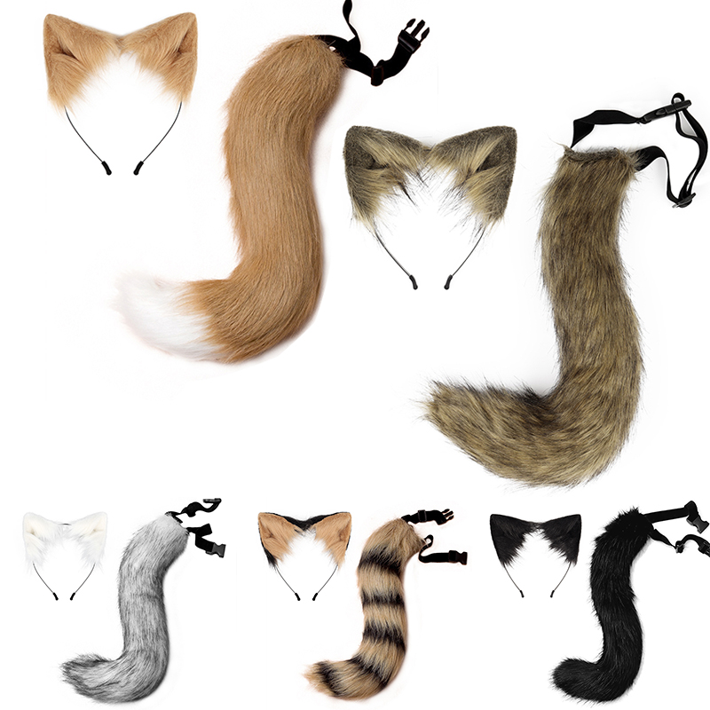 Tail peludo Diadema y cola de cola Animal Wolf Dog orejas de zorro diadema Cosplay Girl Fagh Furry Ears Hair Hoop