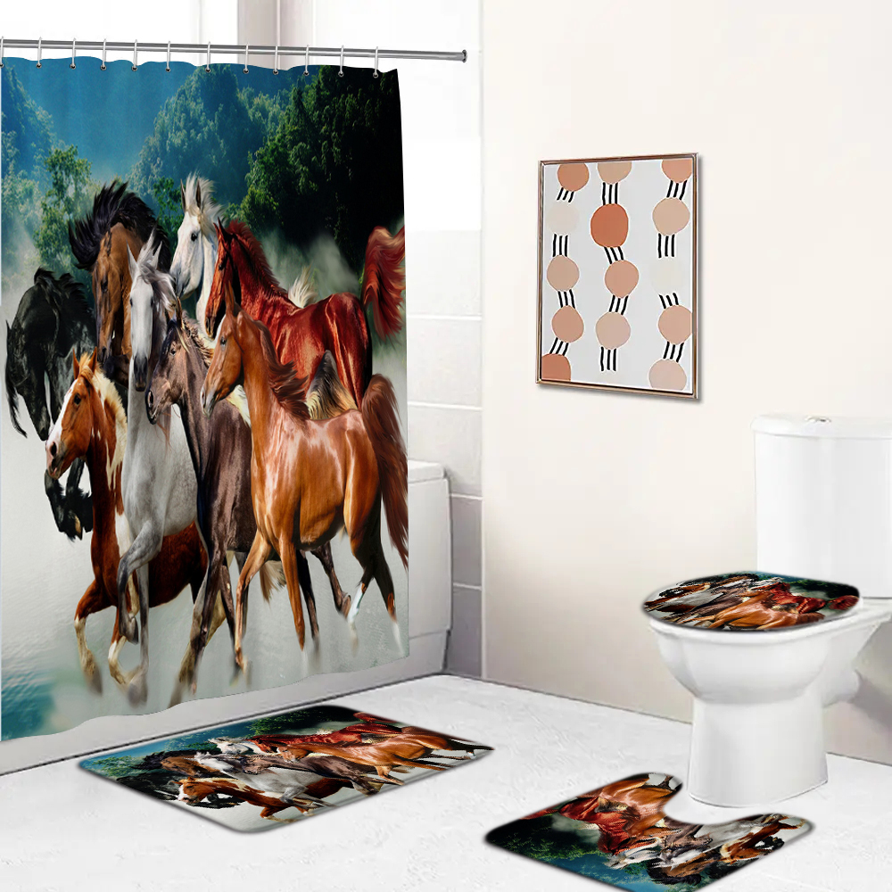 Horse Animals Printed Shower Curtain Set Bathroom Bathing Screen Anti-slip Toilet Lid Cover Carpet Rugs Kitchen Home Decor