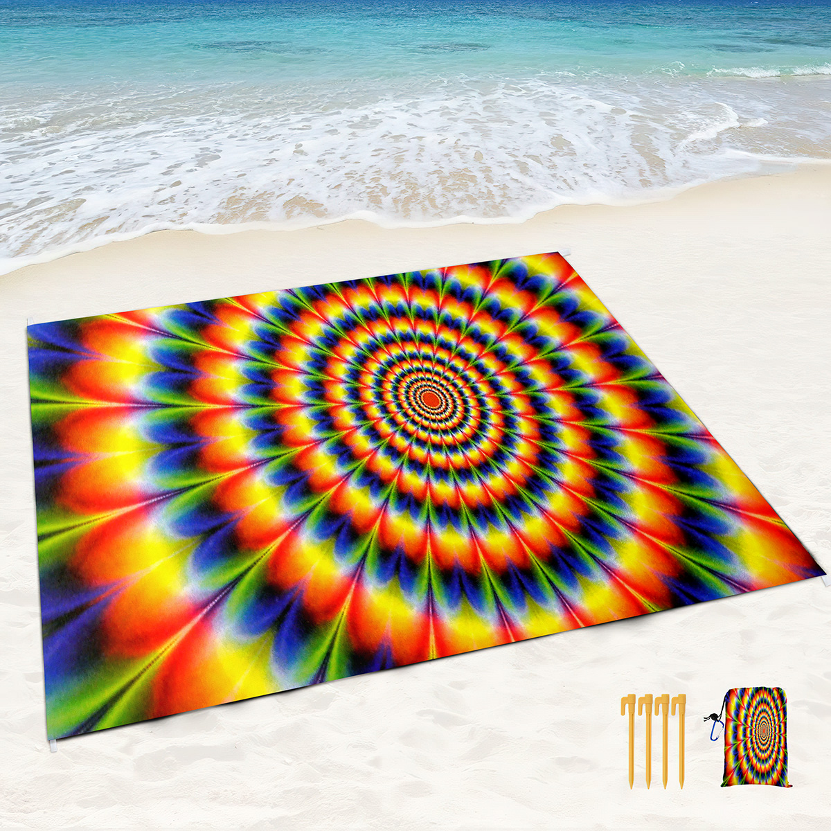 Психоделический красочный пляжный одеял с песком.