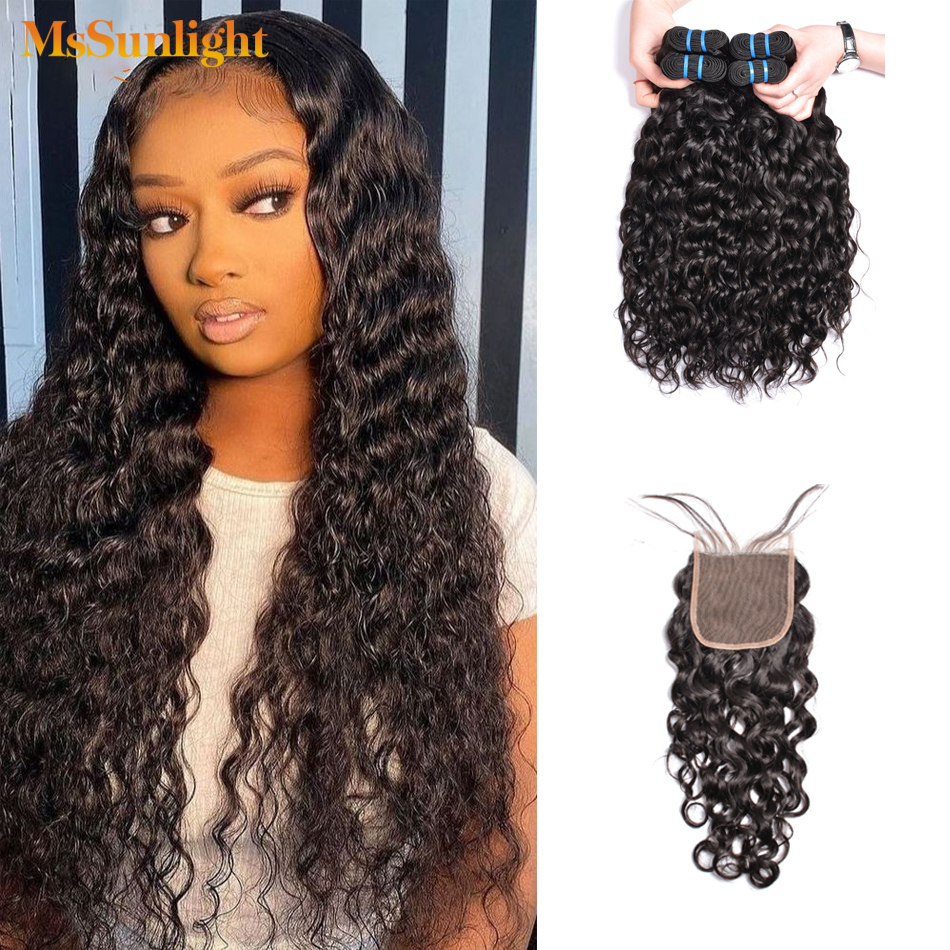 Mssunlight Water Wave Bundles con chiusura capelli brasiliani Weave Bundle Virgin Lace Chiusura Capelli 4/3 Bundle con chiusura