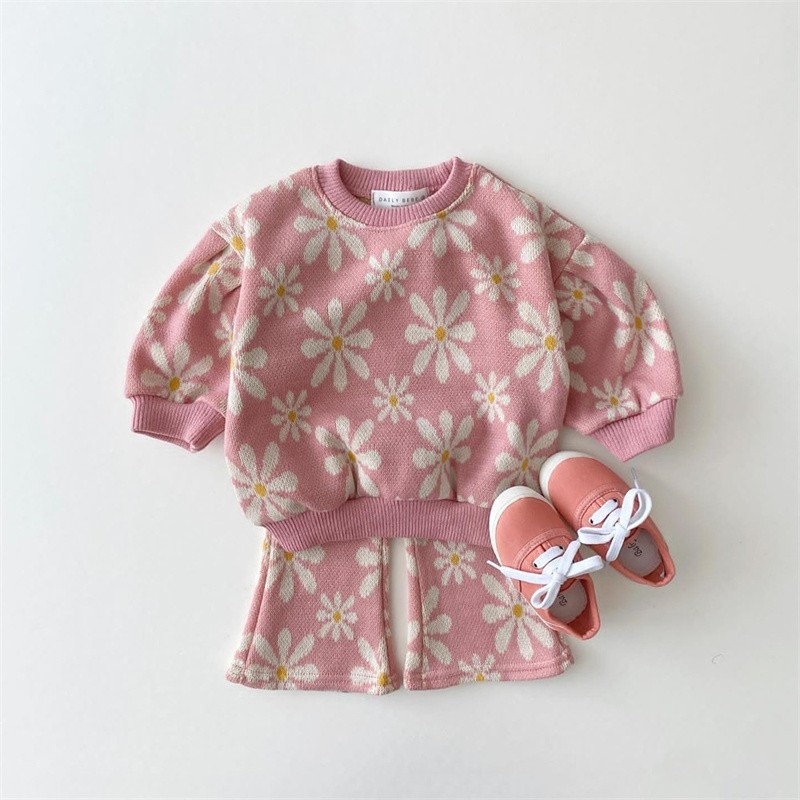 2024 Autumn Toddler Baby Girl Clothing Set Girls Knitted Sweater Tops + Flared Pants Knit Suit Children Outfits Clothes