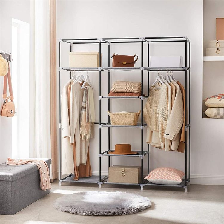 Portable Wardrobe, Wardrobe, Fabric Wardrobe with 2 Clothes Rails, Nonwoven Cover, Shelves, Herringbone, Grey