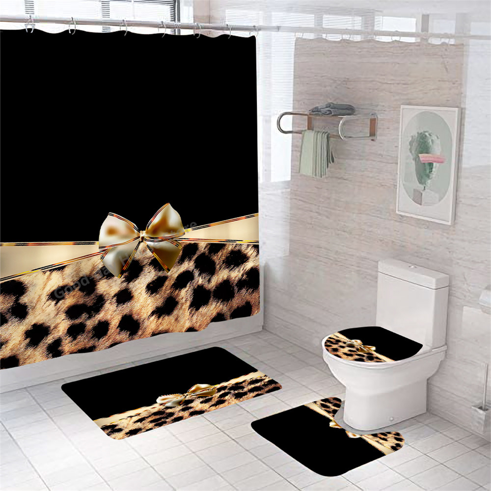 Léopard Print Bath Douche de douche rideau de toilette Tapis de couvercle de couvercle et tapis Bath Bath 3D DÉCOR DE SALLE DE SALLE CORTINAS DE DUCHA