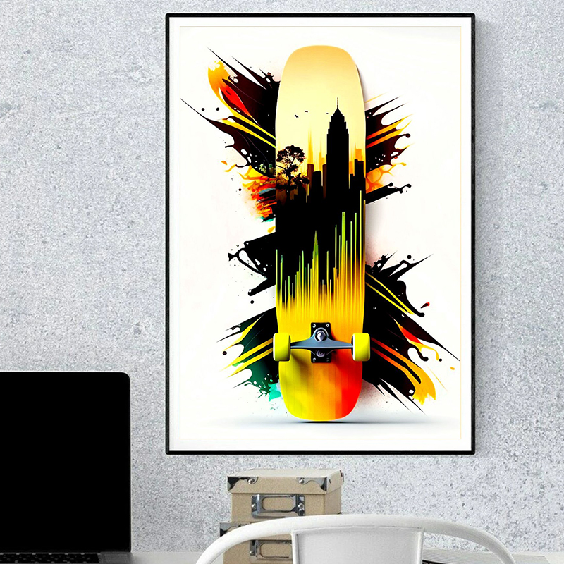 カラフルなスケートボード恋人エクストリームスポーツポスターアートプリントリビングルームの壁アート写真ボーイルームの装飾のためのキャンバスペインティング