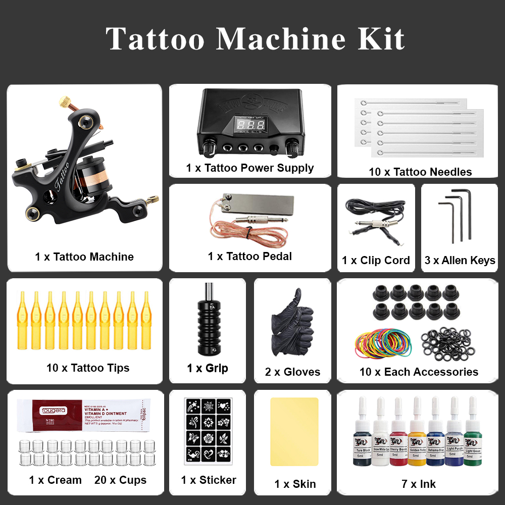 Complete Tattoo Kit Tattoo Machine Set Kit with Tattoo Needles Foot Pedal Pigment Ink Power Supply Accessories