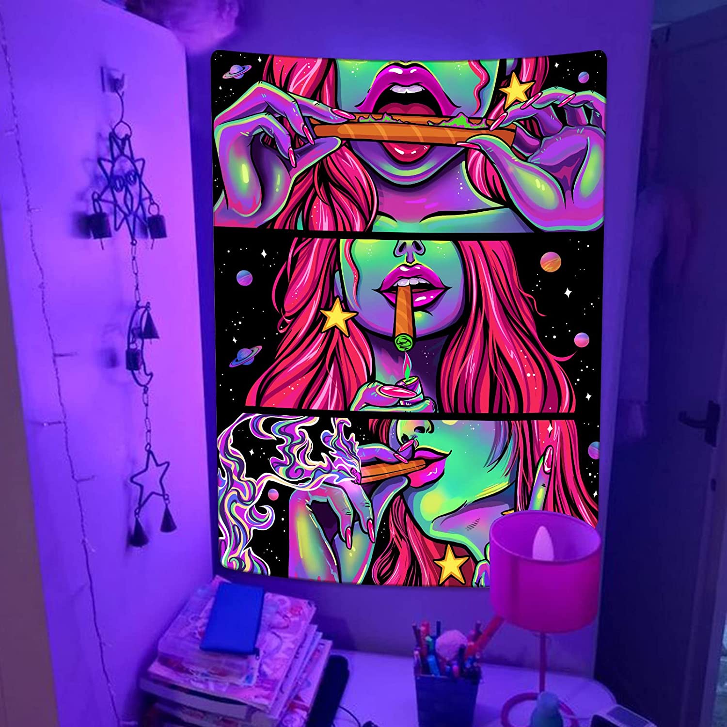 Parede de tapeçaria trippy pendurada garota legal hippie tapeçarias boho sala estética decoração fofa anime anime psicodélico fundo mural