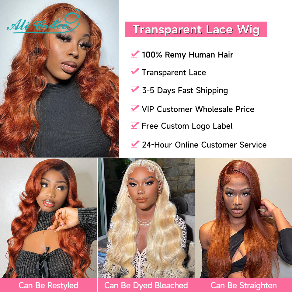 Ali Grace Orange Ginger Brown Body Wave Lace Front Human Hair Wigs Brazilian 13x4 Lace Frontal Wig Red Brown Color Pre-Plucked