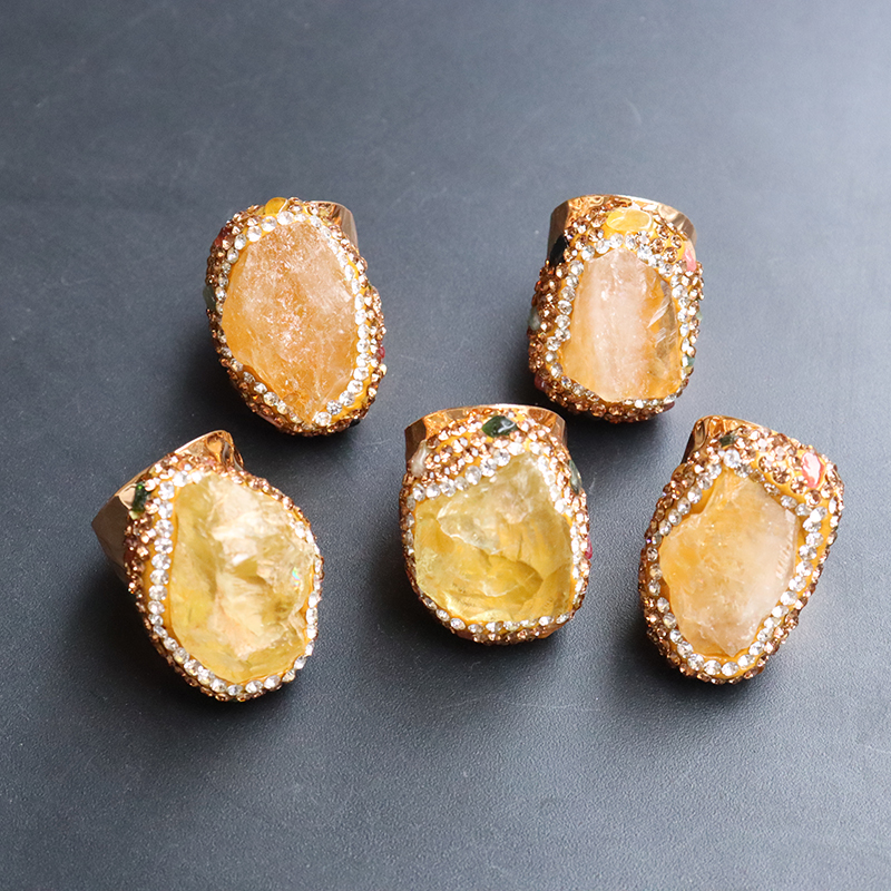 Micro -inleg citrine kristal open ringen voor vrouwen onregelmatige boho natuurlijke kristallen vingerring bruiloft sieraden