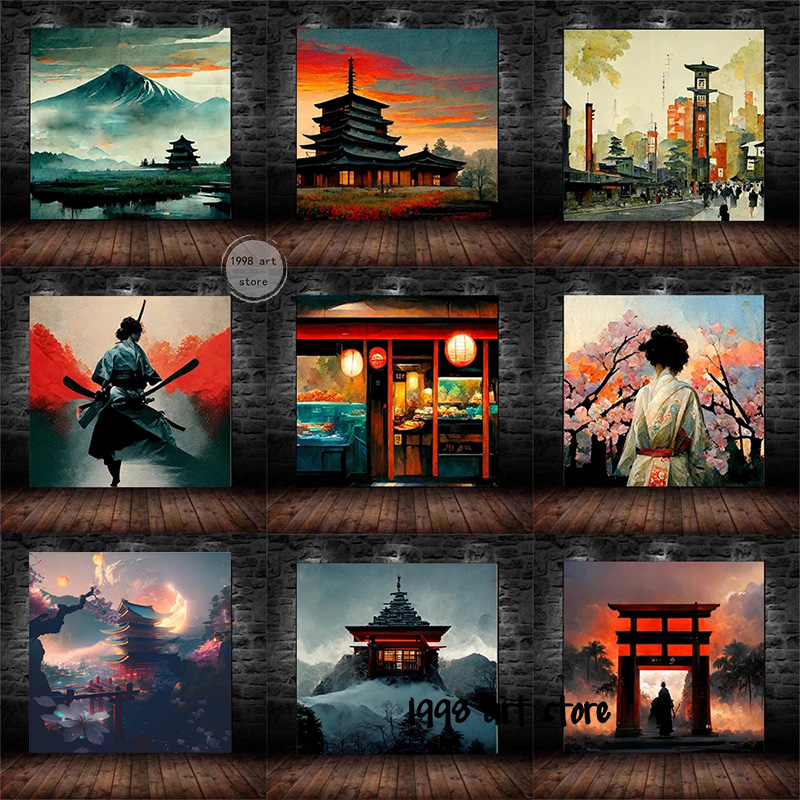 Vintage Classic Japaneses Landscpae Cherry Geisha Samurai Temple Art Poster Canvas Painting Wall Prints Picture Room Home Decor