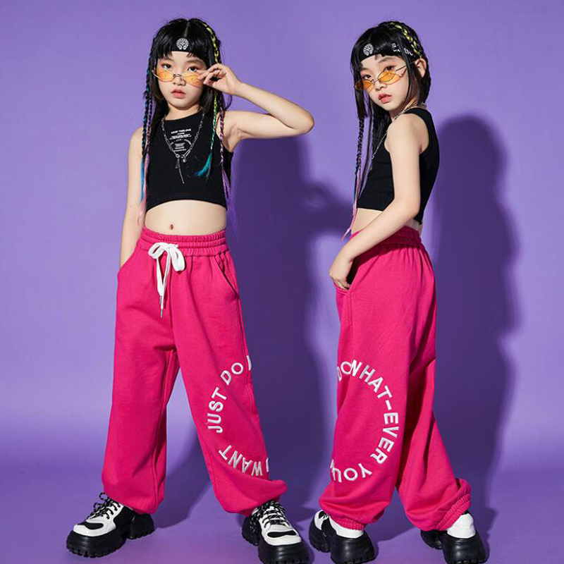 Kids Ballroom Tenues Hip Hop Vêtements Crop Crop Tank Vest Streetwear Panne de suintement rose pour fille Jazz Dance Costume Rave Vêtements