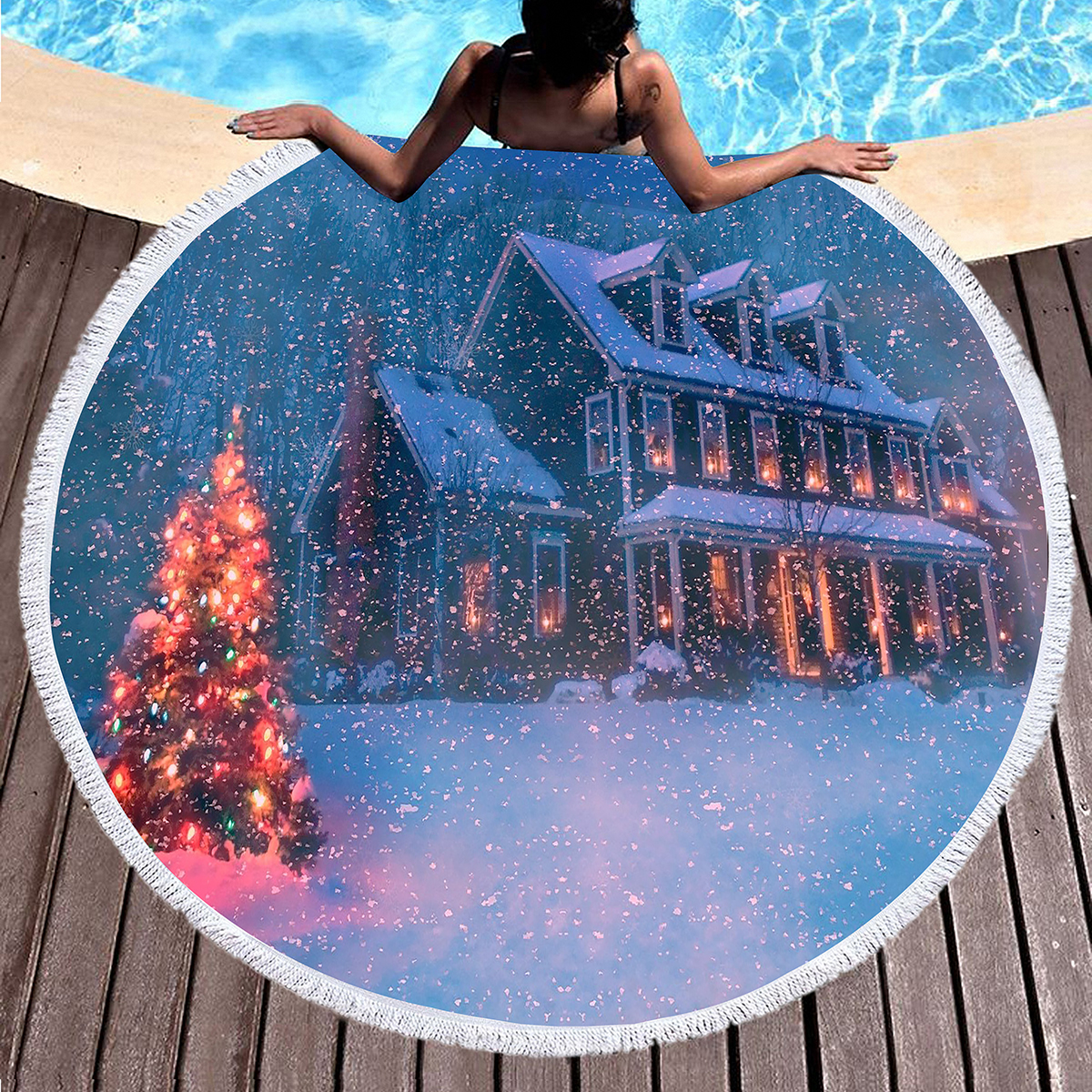 Yuvarlak Noel plajı battaniyesi, sessiz kar büyük boylu yuvarlak plaj battaniye banyo havlusu yoga paspas içinde güzel Noel ağacı