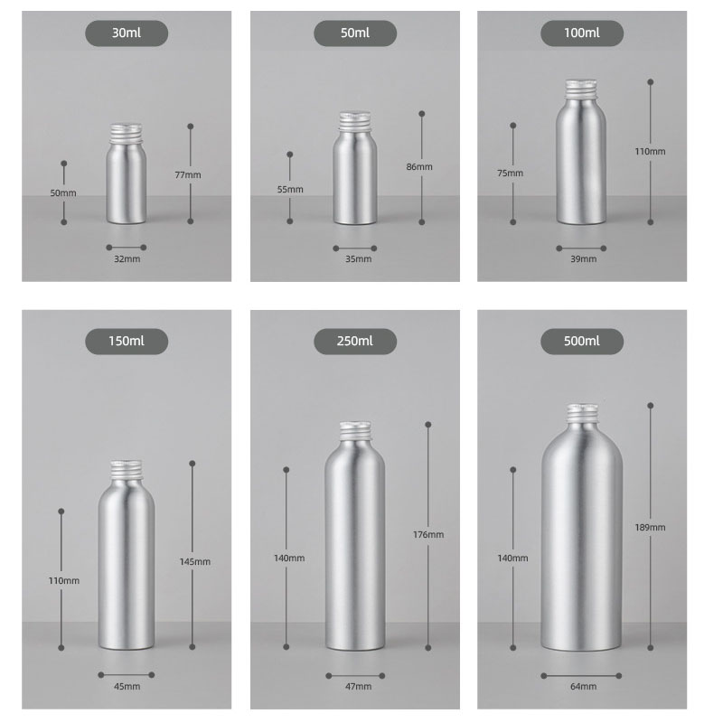 2/5/30ml-500ml 실버 알루미늄 병 스크류 캡 향수 화장품 토너 물병 여행용 리필 가능한 병.