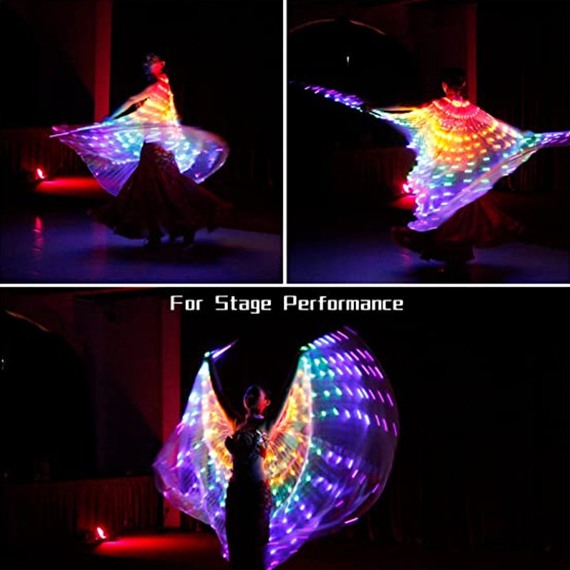 LED -lichten buikdansvleugel isis vleugel kleurrijke led vlindervleugels met telescopische sticks performance carnaval feestkostuum