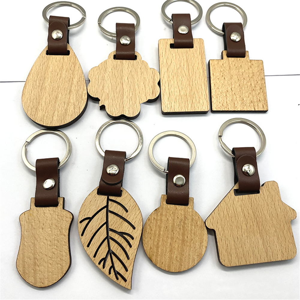Creative Wooden Leaf Keychain Blank House Shape Keyring Pu Leather Bag Ornaments DIY Accessories Car Trinket Key Holder Charms
