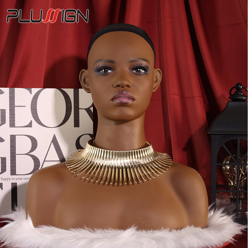 Plussign Mannequin Head With Shoulders Wig Display Head With Anti Slip Hairnet And Eyelashes African Female Manequin Head