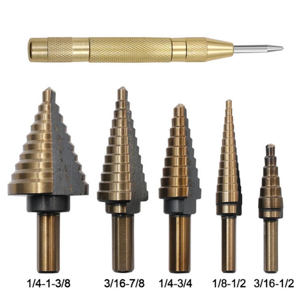 Step Drill Bit Set Titanium Coated HSS High Speed Steel Drill Bits Set for Multiple Hole Cutter Automatic Center Punch