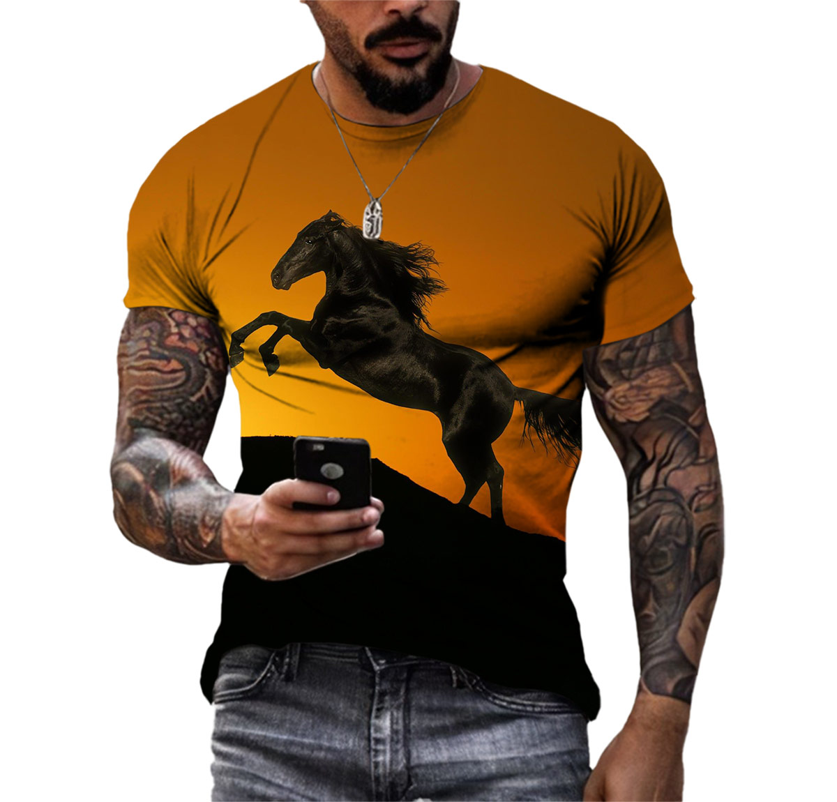 New Personality Funny Horse Summer Men's Hd 3d Printed T-shirt Crew Neck Short Sleeve Wide Comfortable Quick Drying Top Clothing