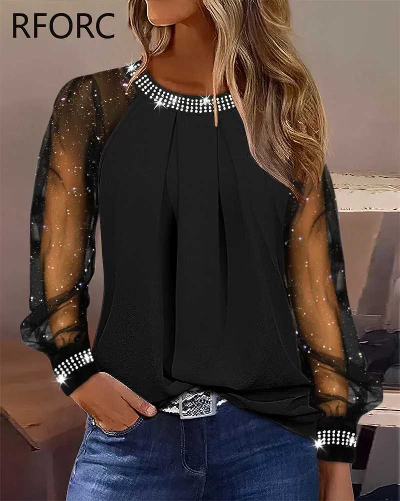 Camisas de blusas femininas 2023 Mulheres Glitter Rhinestone Decoration Round Neck Blouse Blouse Black Top 240411