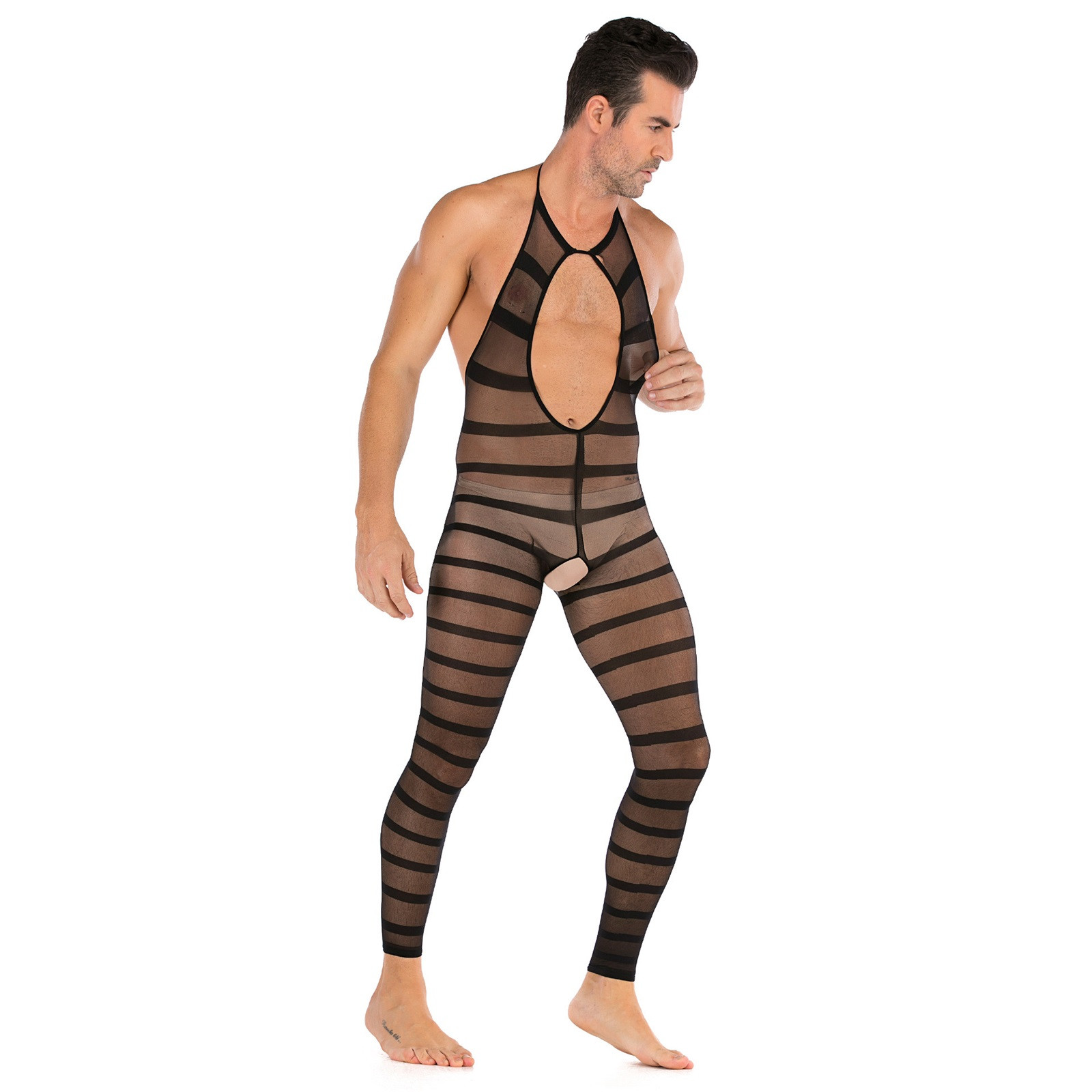 Arquivos abertos sexy masculinos de fishnet calças -calças de caldeiras de argola de roupas de corpo sexy