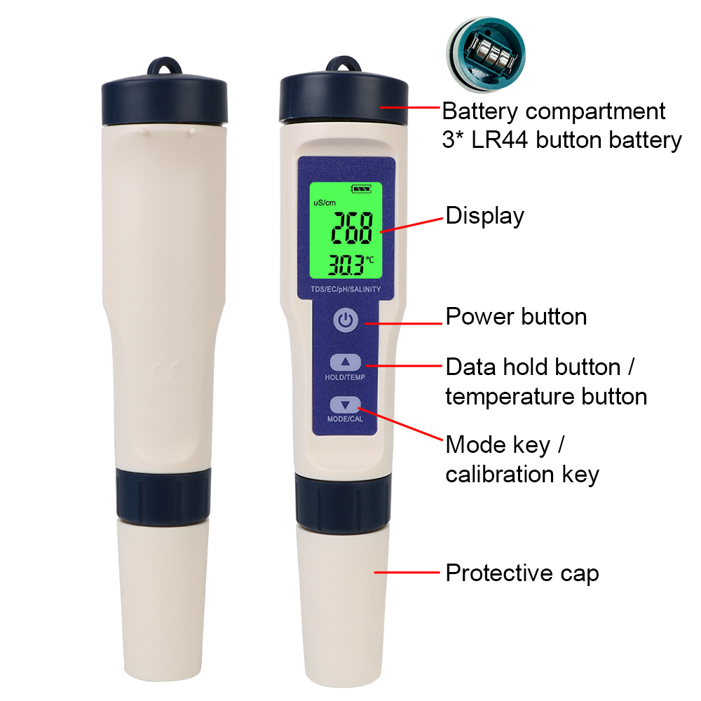 Water Quality Detector 5 in 1 PH/TDS/EC/SALT/TEMP Temperature Hydrogen-rich Meter Purity Measure Tool